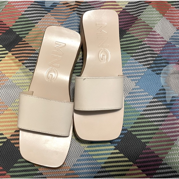 MNG Cream Asymmetric Leather Wood-Style Square Toe Slide Sandal Sz EUR 38 US 7.5 - Picture 2 of 16
